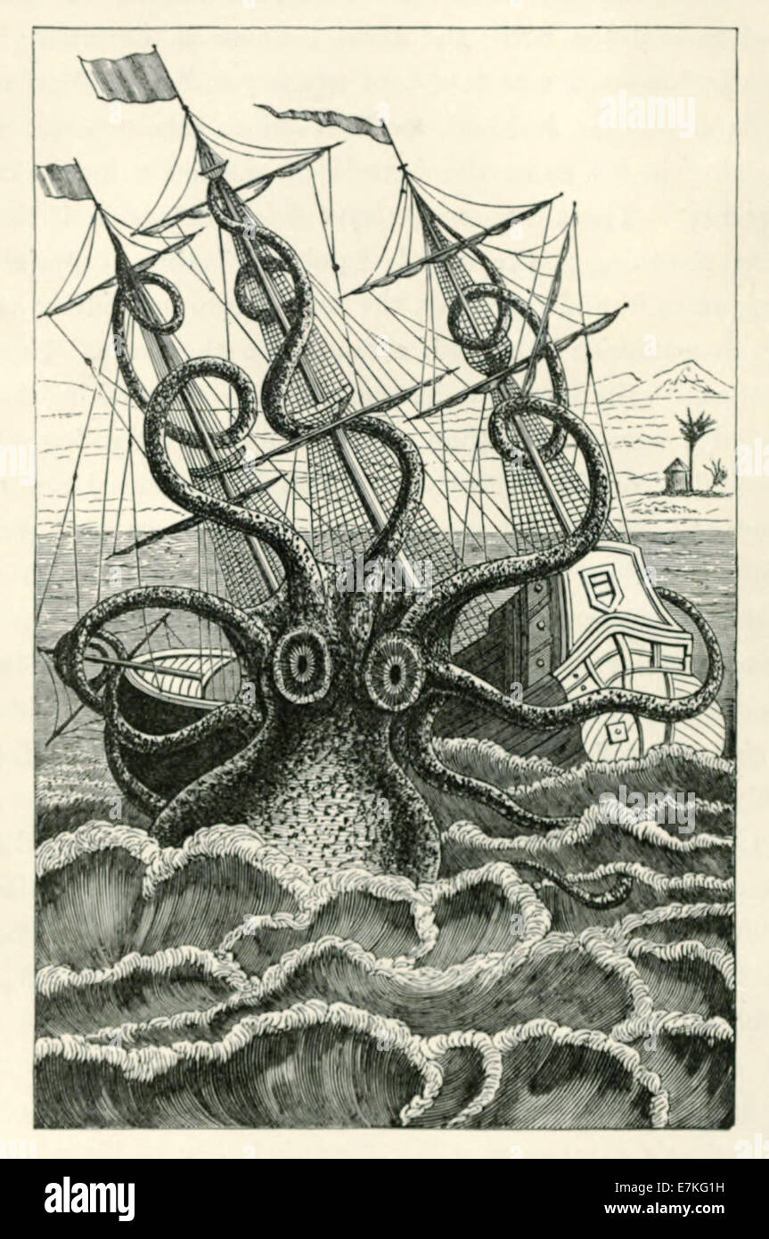 Giant Octopus or Kraken attacking ship, illustration Pierre Denys de Montfort (1766–1820), see description for more information. Stock Photo