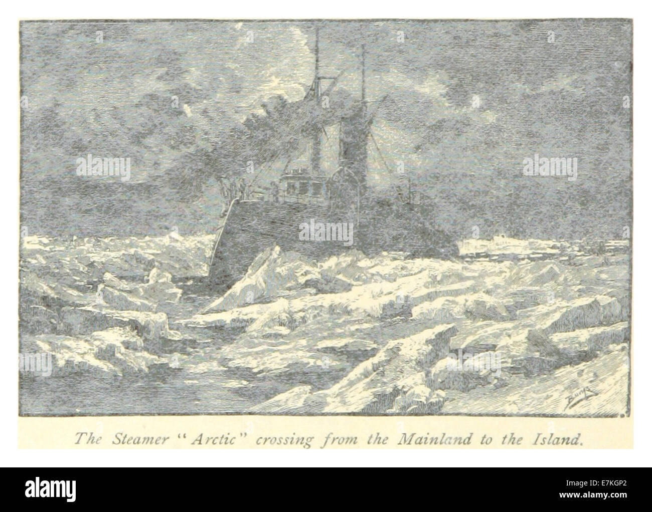 Illustration from 1885 depicting the steamer ARCTIC crossing from the mainland to an island. The image shows the boat’s movement through water, likely depicting an important transport route of the time. Stock Photo