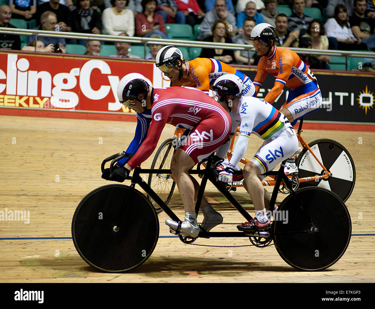 Barney Storey with Neil Fachie tandem racing at Manchester velodrome. Stock Photo