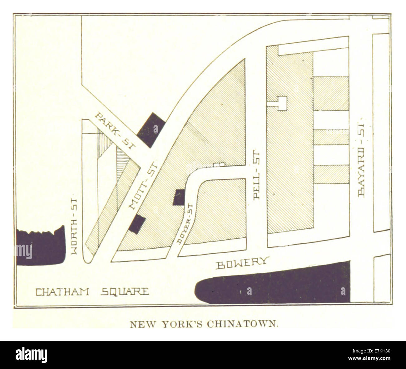 This 1898 map from Beck provides a detailed representation of Chinatown, a vibrant cultural and commercial district, showcasing its layout and growth during the late 19th century. The map captures the ethnic diversity and economic activity of the area. Stock Photo