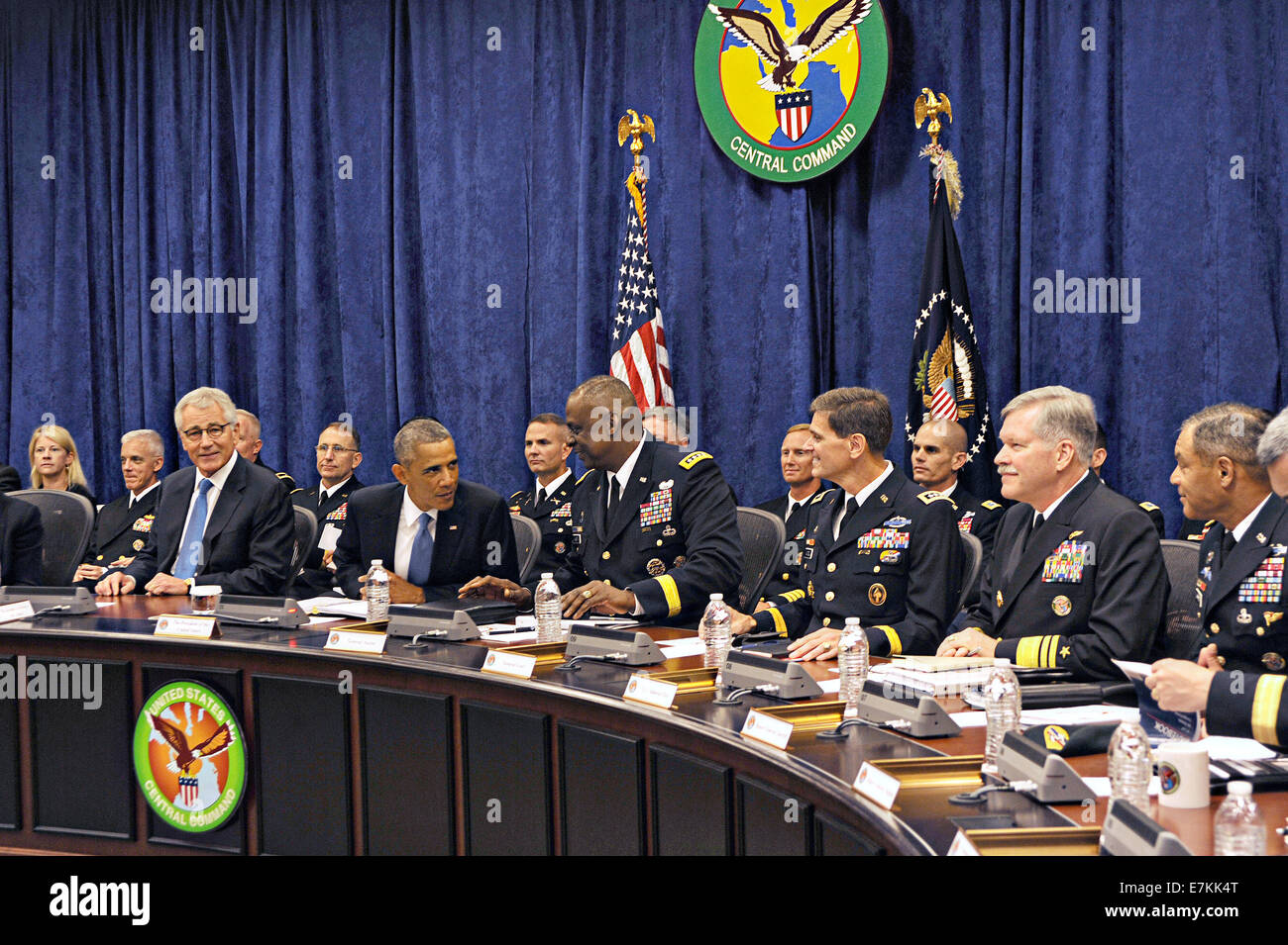 US President Barack Obama meets with the top leaders from U.S. Central Command about the proposed military campaign against Islamic State militants at MacDill Air Force Base September 17, 2014 in Tampa, Florida. Stock Photo