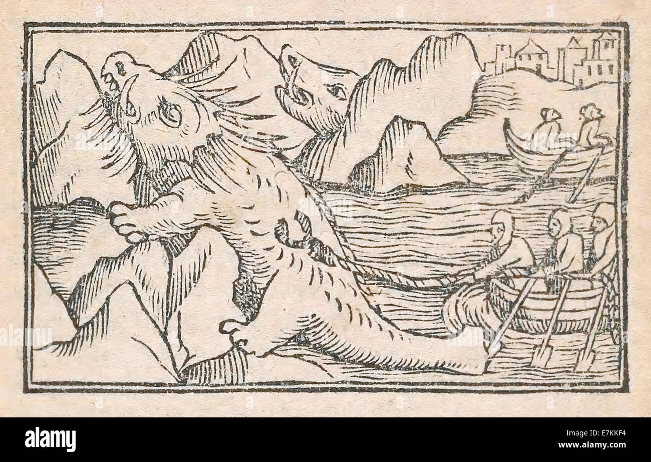 Monstrous sea creatures illustrated by Olaus Magnus (1490-1557) published in 1555. See description for more information. Stock Photo