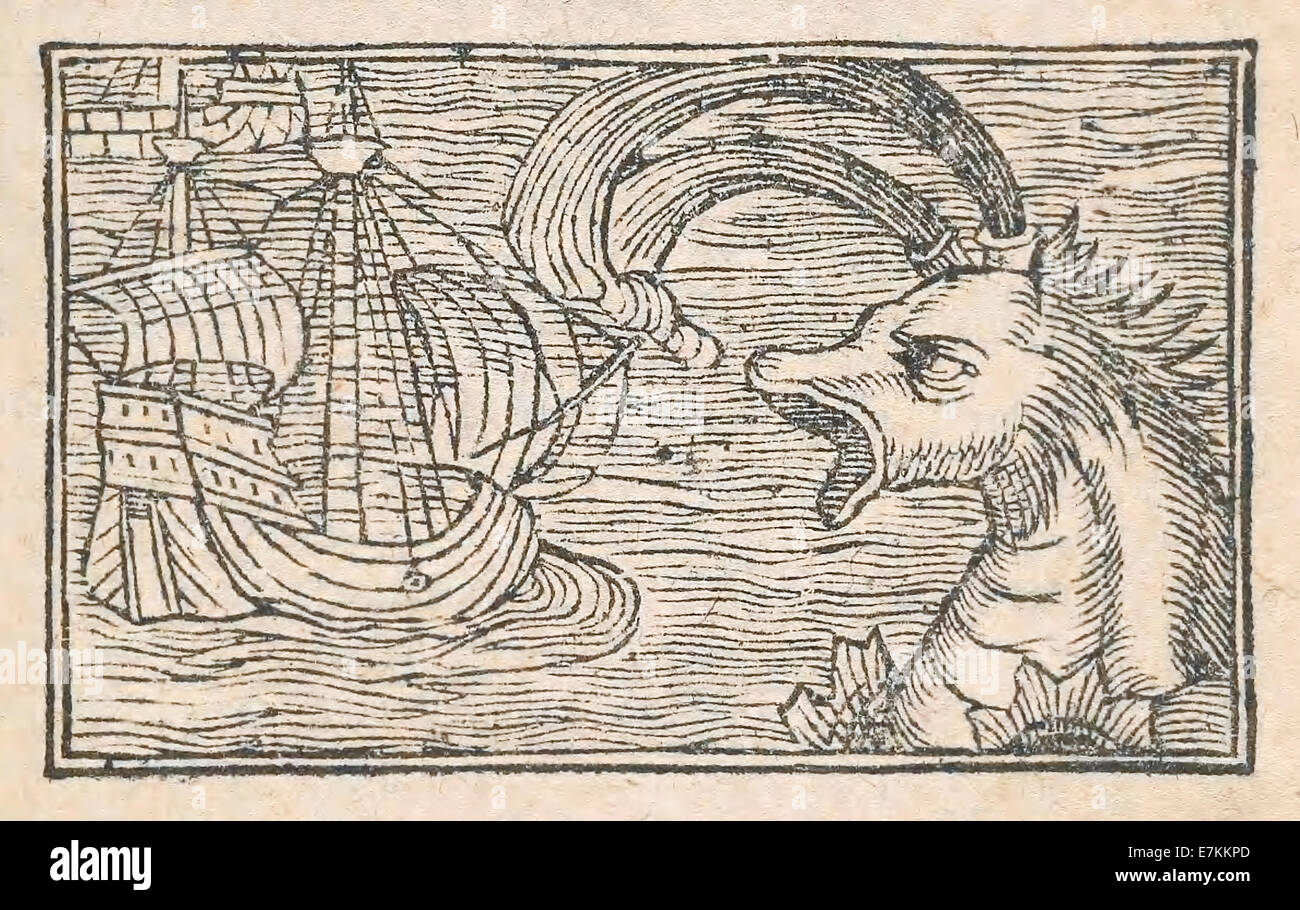 A Physeter or Prister, a Monstrous whale like sea creatures illustrated by Olaus Magnus (1490-1557) published in 1555. See description for more information. Stock Photo