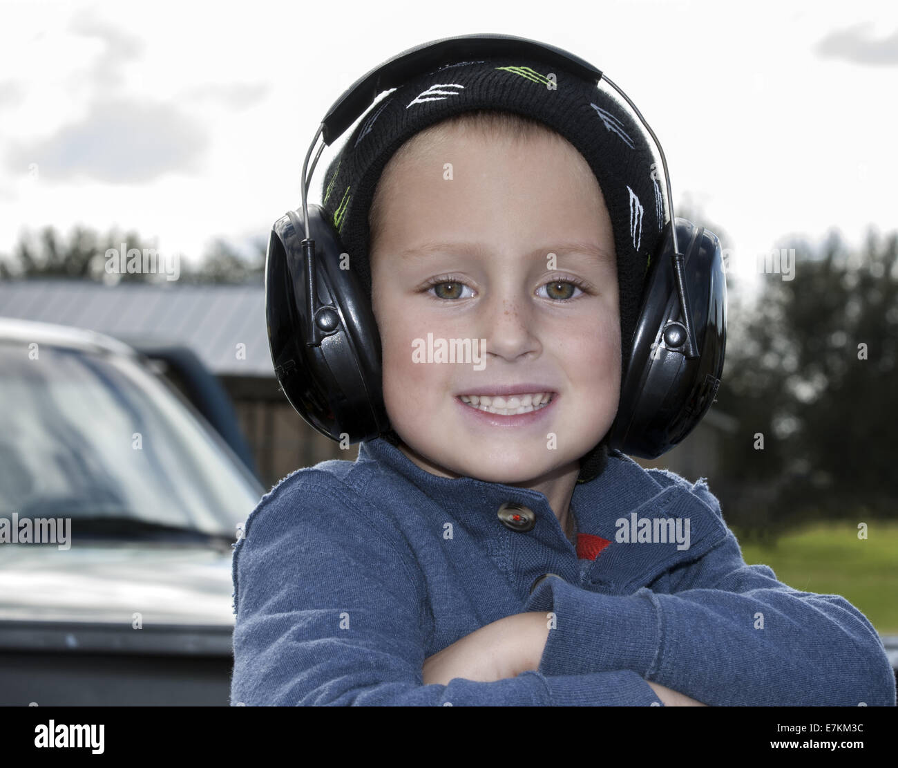 4 yr old boy with ear protection for target practice Stock Photo