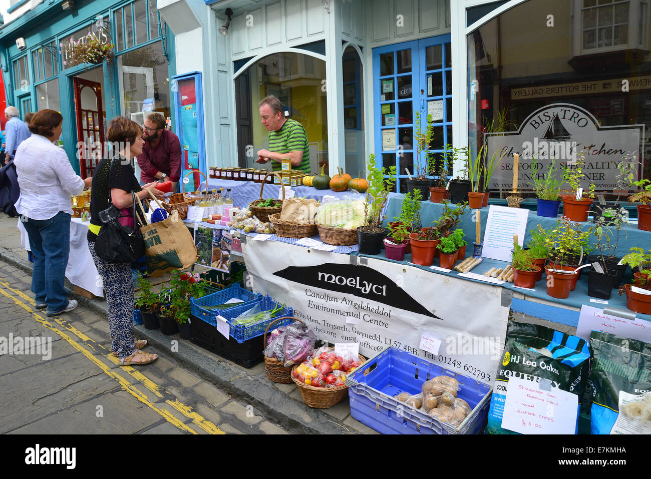 Environment food stall in High Street, Conwy, Conwy County Borough, Wales, United Kingdom Stock Photo
