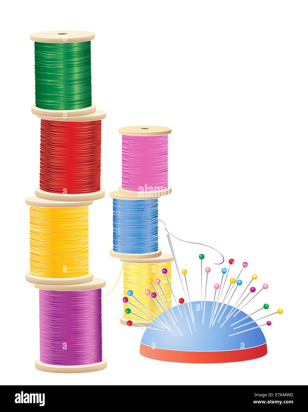 an illustration of a stack of colorful cotton reels with pin cushion and needle on a white background Stock Photo