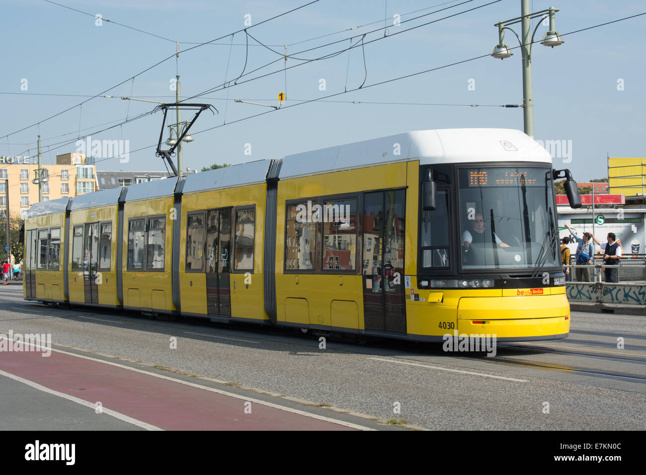 A Bombardier Flexity Berlin tram approaches the end of route M10 at Warschauer Straße in Berlin. It is operated by BVG. Stock Photo