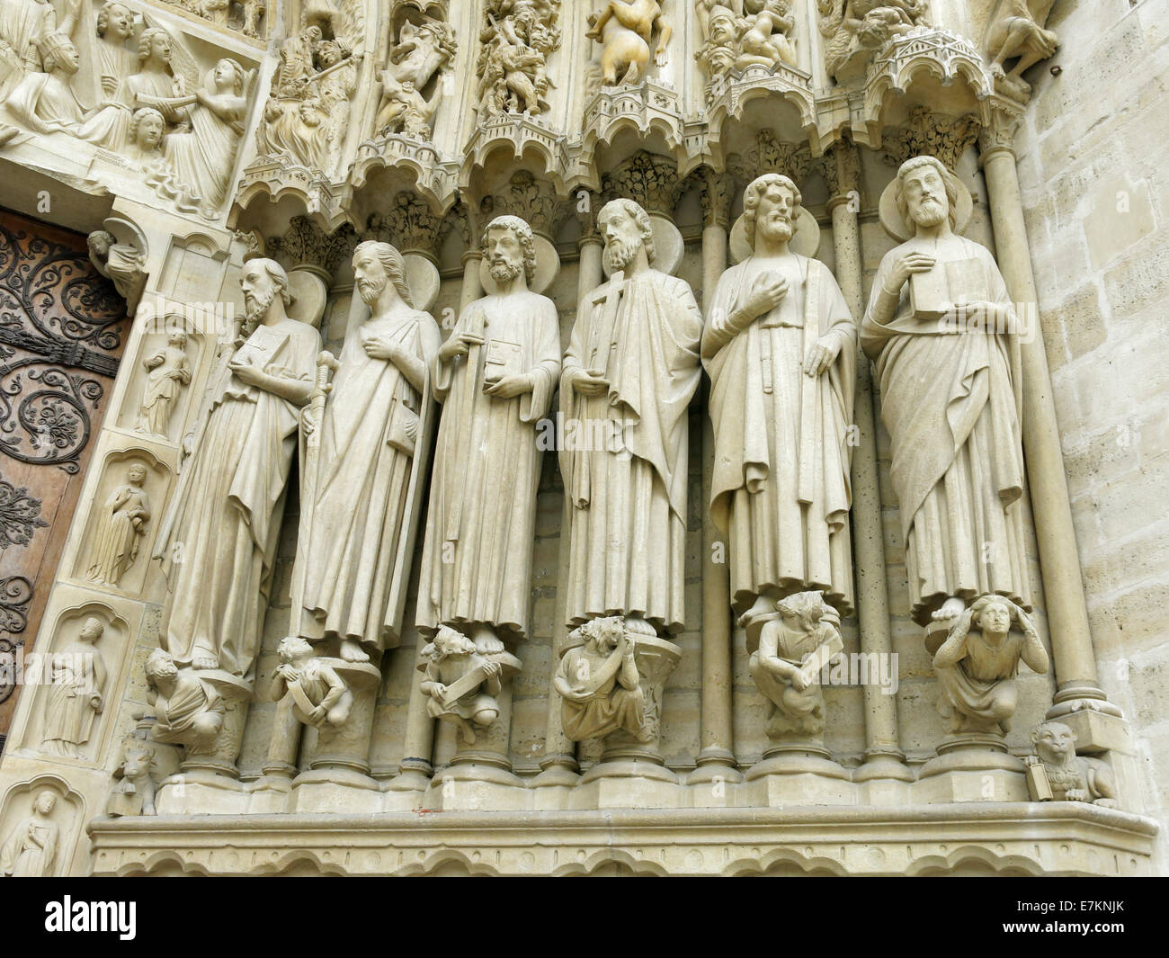 Statues on the front facade of Notre-Dame cathedral, Paris, France. Stock Photo