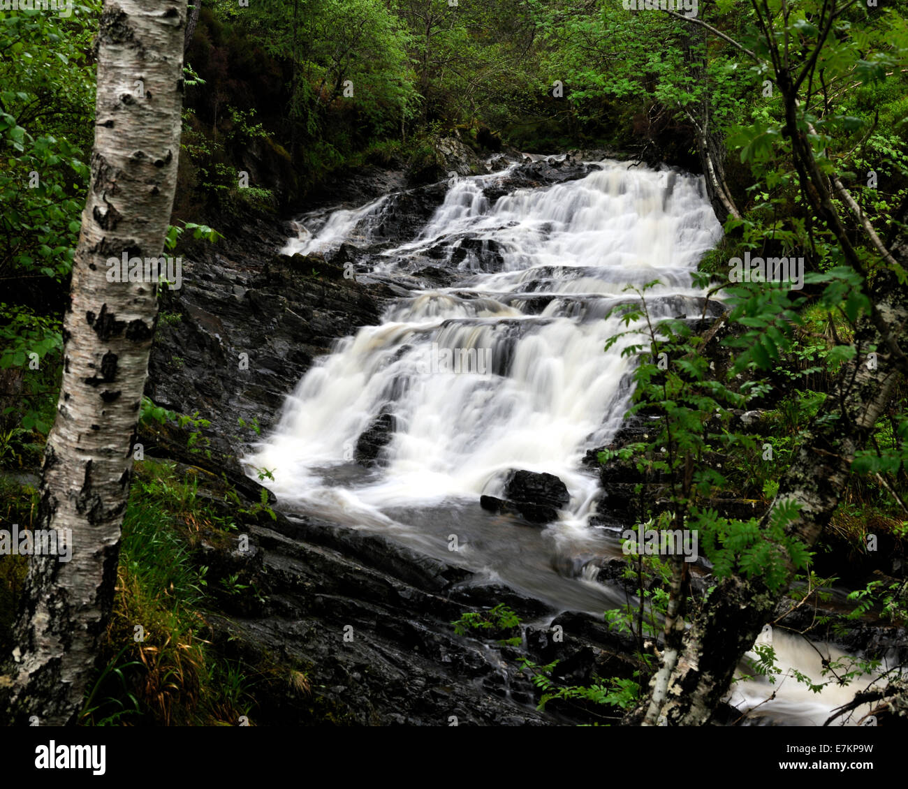 Cascading waters of Allt na Bodachan above Plodda Falls, Glen Affric, Scottish Highlands, UK Stock Photo