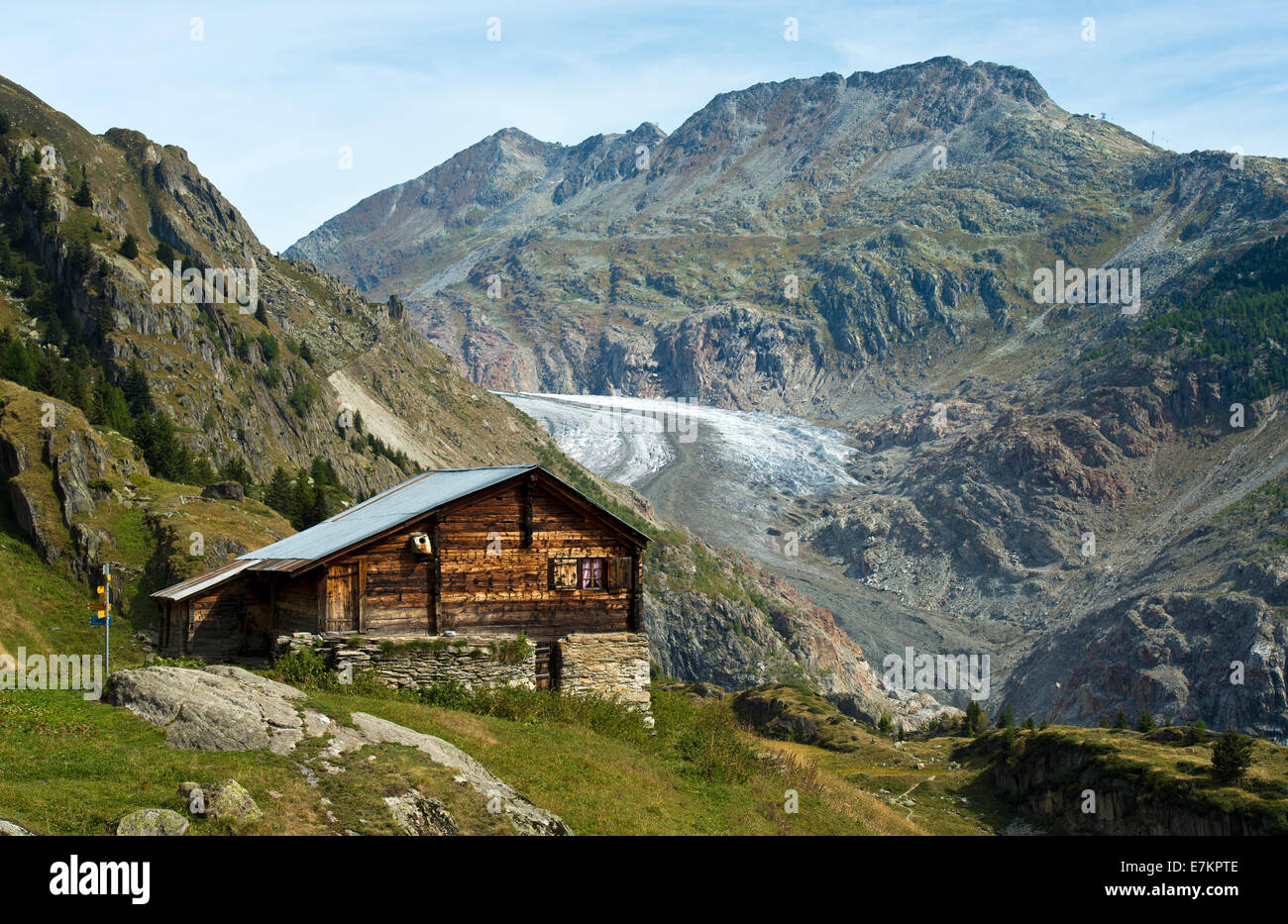 Tourism region Belalp, view at glacier Aletschgletscher, peaks Strahlhorn, Eggishorn and Bettmerhorn, Bernese Alps, Switzerland Stock Photo