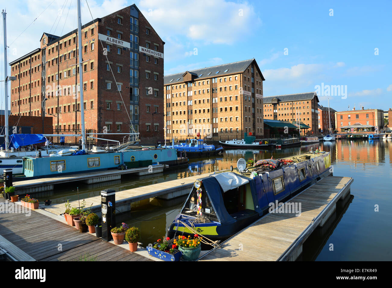 Canal boats moored in Gloucester Docks, Gloucester, Gloucestershire, England, United Kingdom Stock Photo