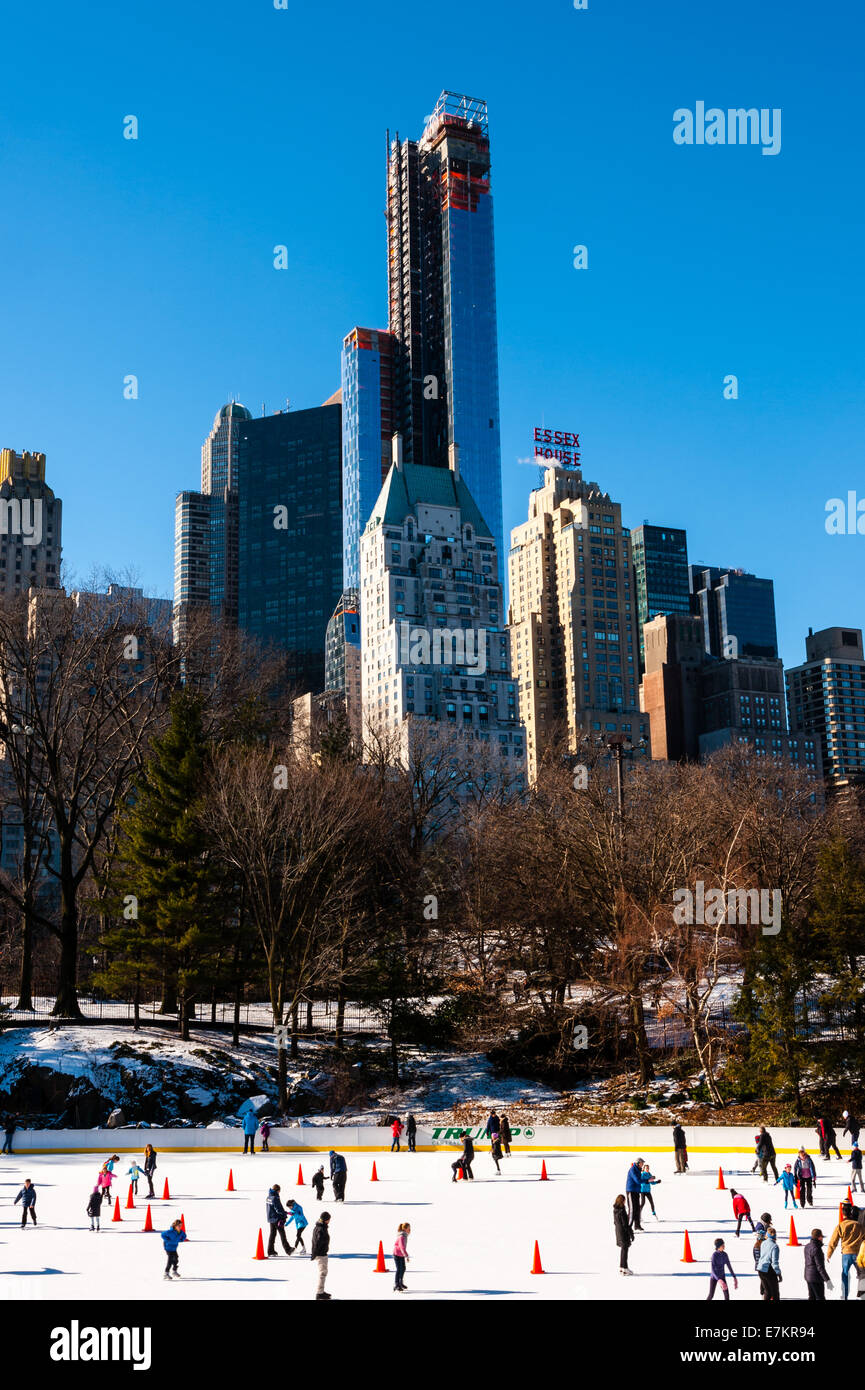 US, New York City, Central Park. Ice skating at the Trump Rink Stock