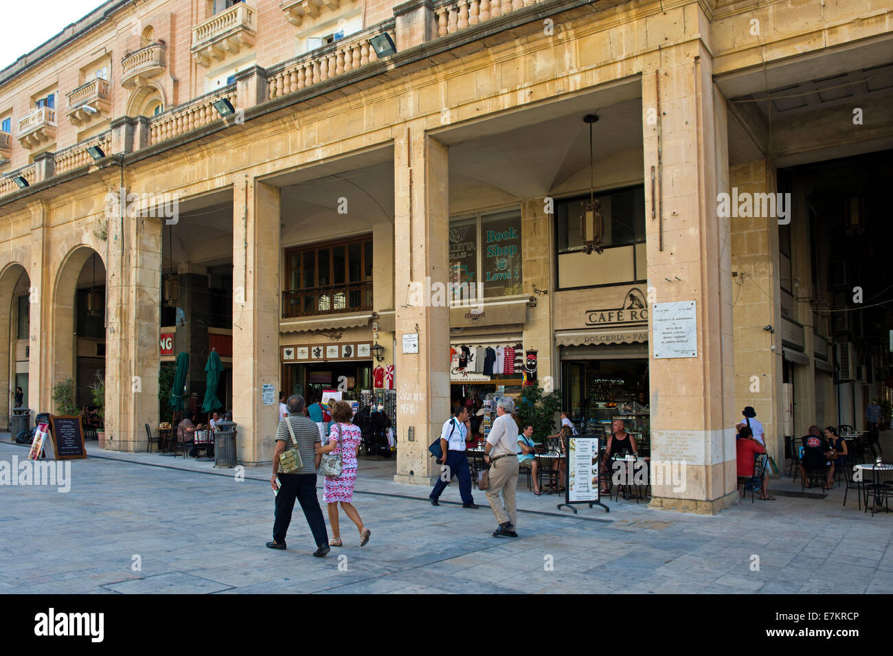 Arcades with shops in the pedestrian area of the Republic Street, Valletta, European Capital of Culture 2018, Malta Stock Photo