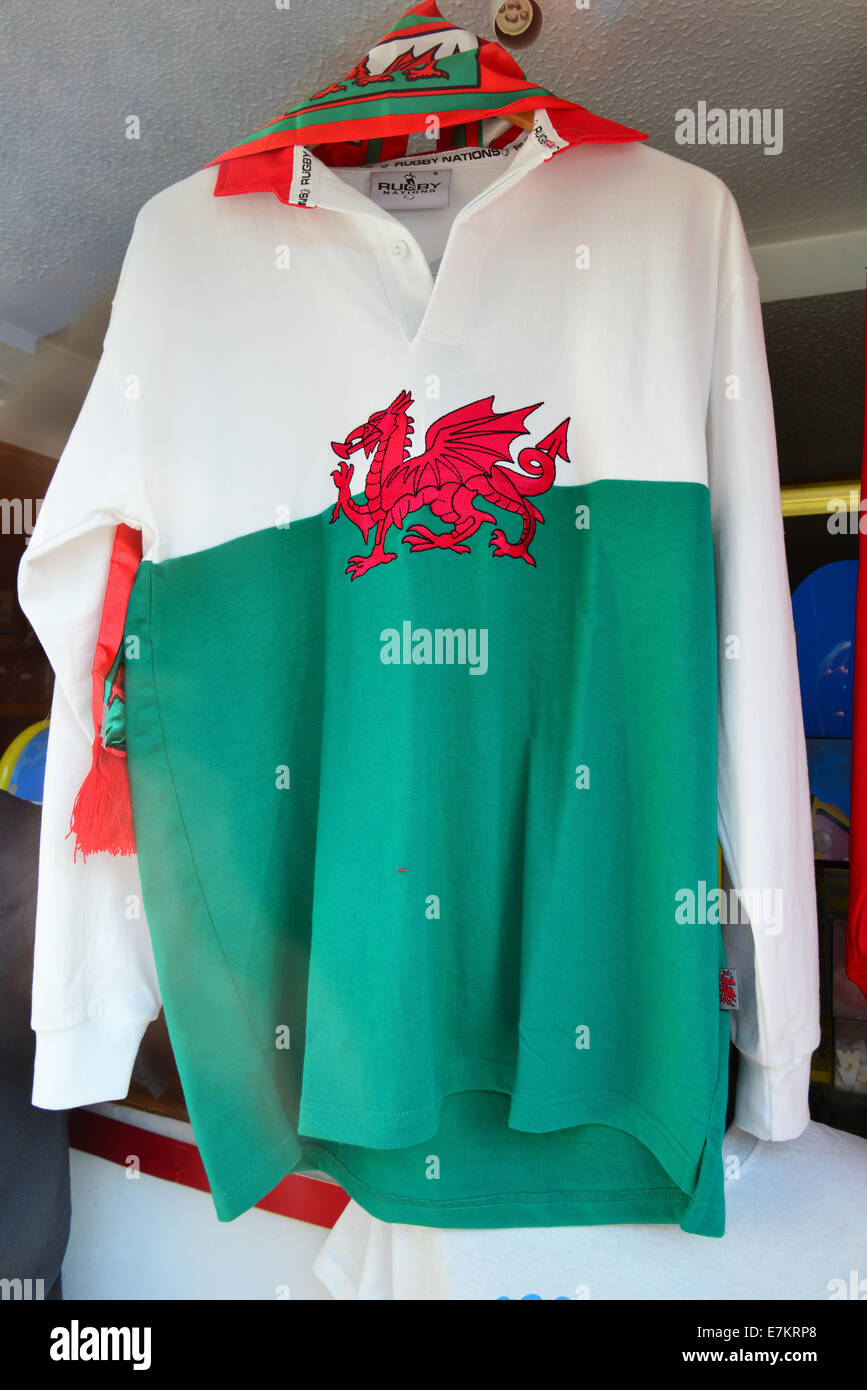 Welsh rugby top in shop window, Brecon, Brecon Beacons National Park, Powys, Wales, United Kingdom Stock Photo