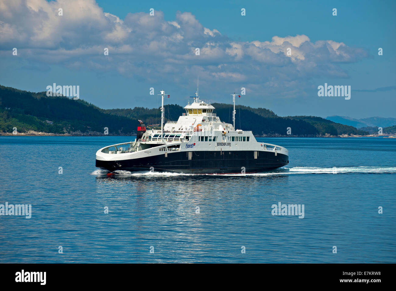 Ferry 'Bergensfjord' crossing the Bjornafjorden between Sandvik and Halhjem, Hordaland, Norway Stock Photo