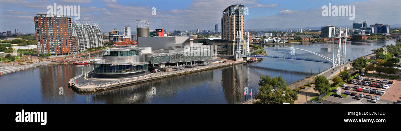 Panorama of Salford Quays, Manchester, showing the Lowry shopping Centre and Theatre Stock Photo