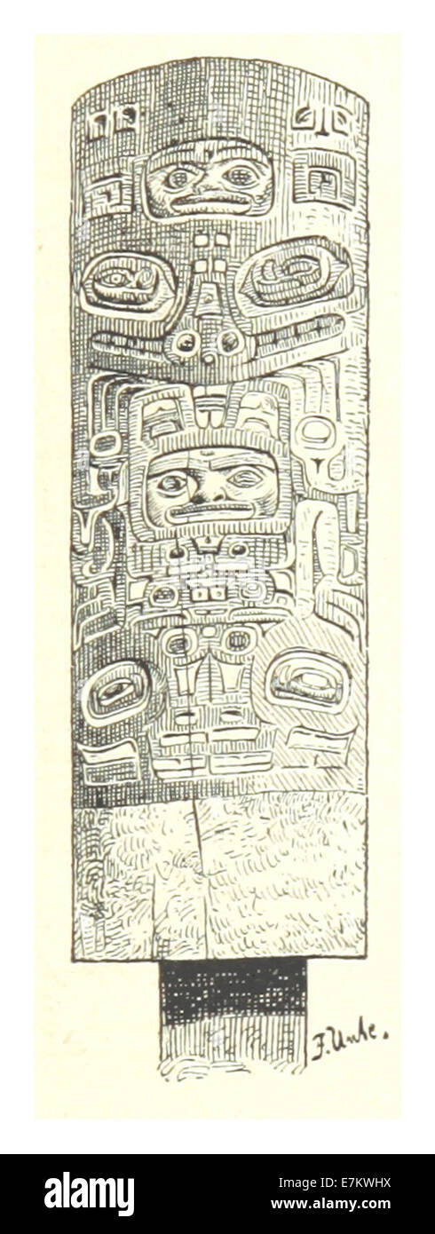 KRAUSE(1885) p151 Klokwan, h%%C3%%B6lzerner Pfahl mit geschnitzten Figuren Stock Photo