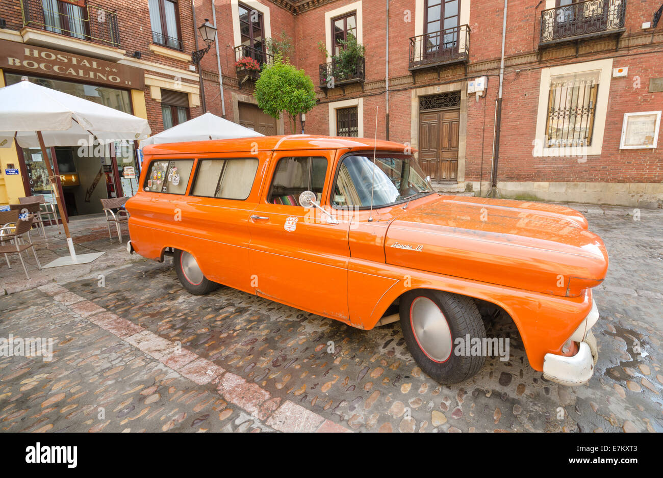 LEON, SPAIN - AUGUST, 22: Orange 1960 Chevy Apache truck car showed in the exterior of a restaurant in Leon, Spain on August 22, Stock Photo