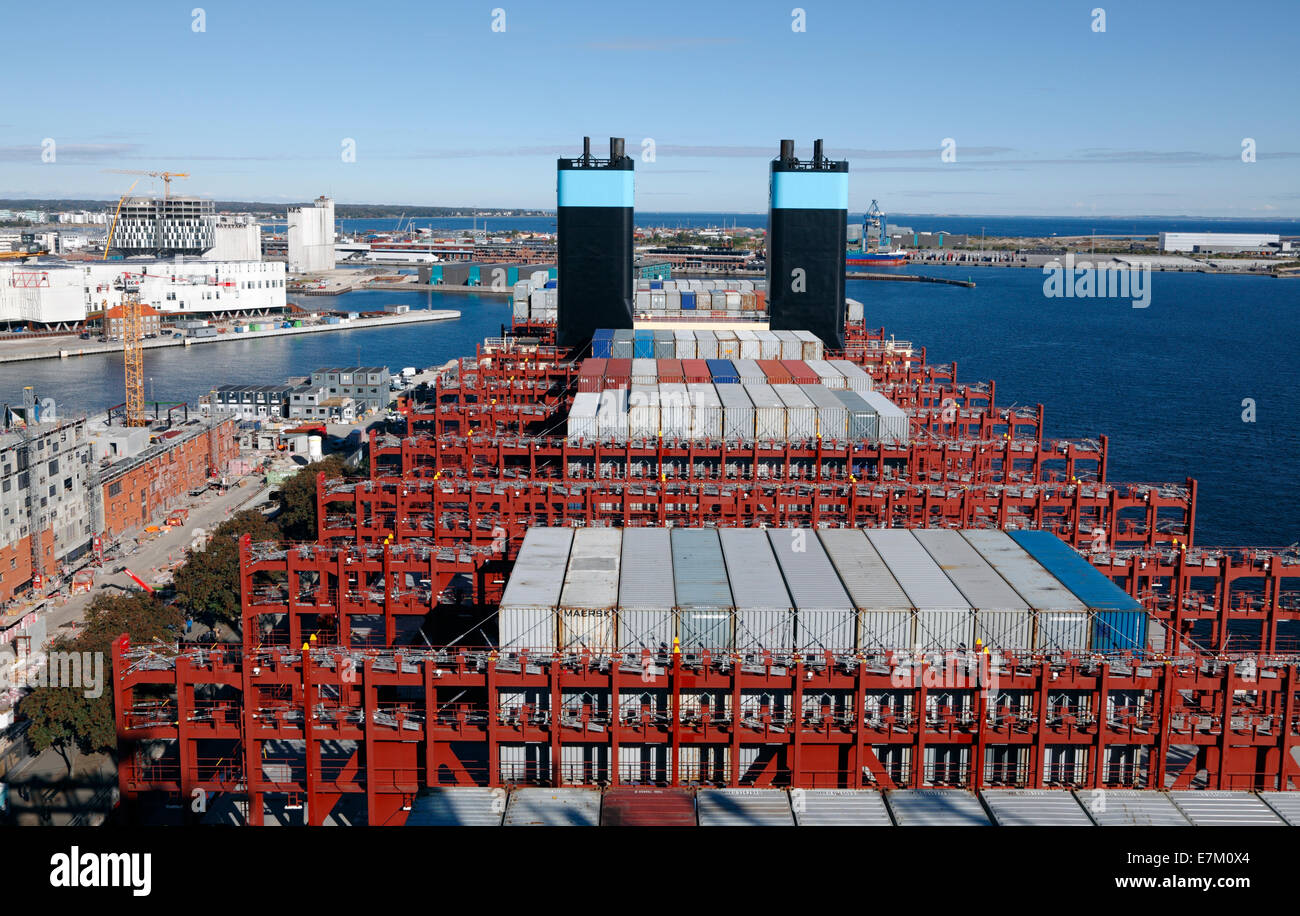 View of Nordhavn, north port of Copenhagen, behind funnels, containers and container bay structures on Triple-E MAJESTIC MAERSK. Stock Photo
