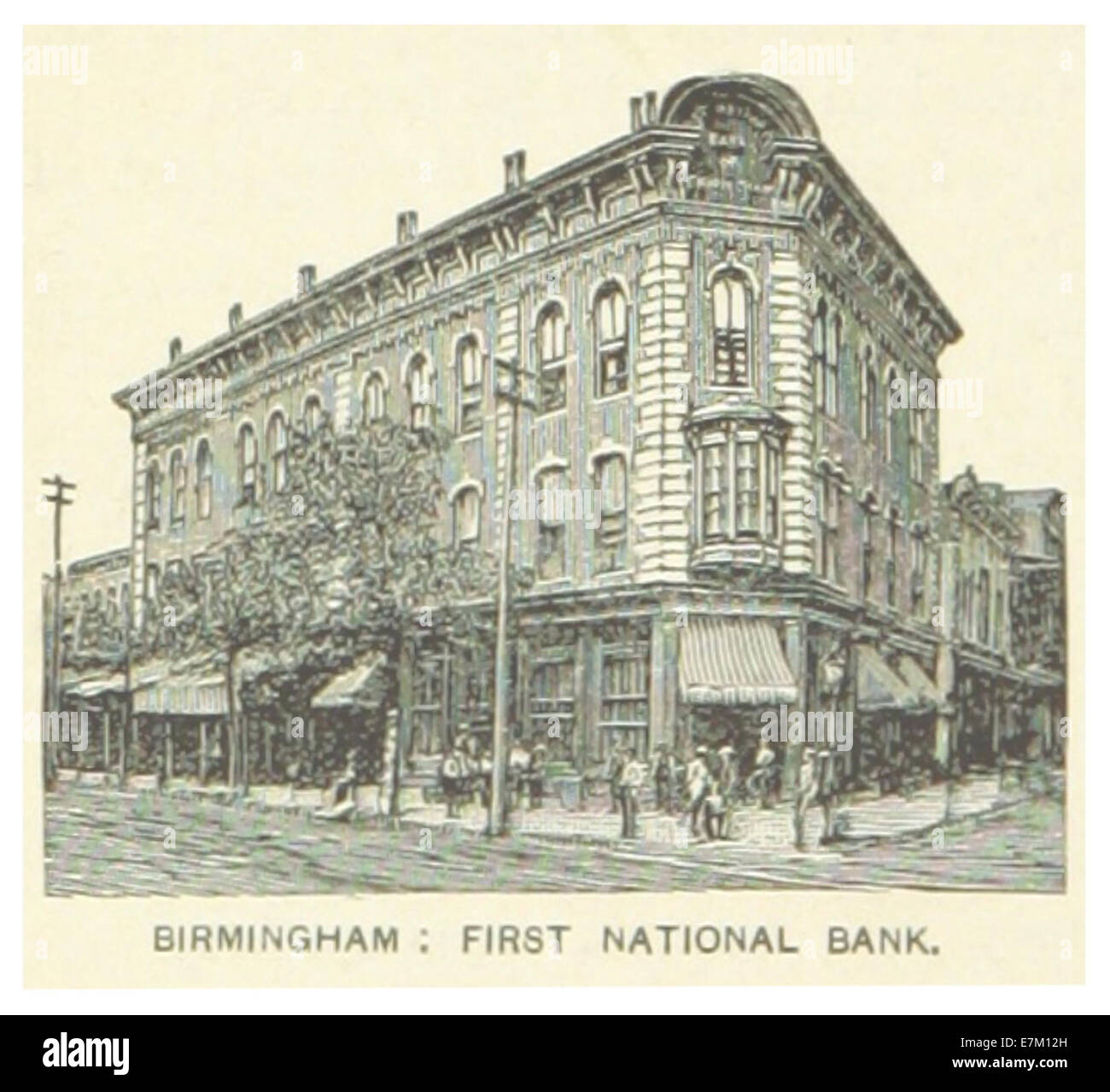 An 1891 illustration featuring the First National Bank in Birmingham
