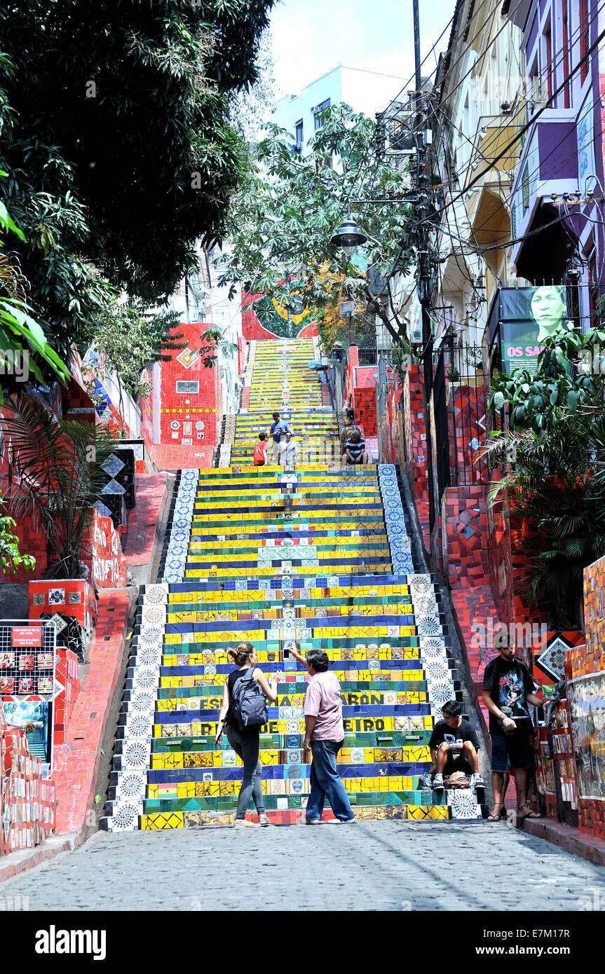 street scene Selaron steps Lapa Rio de Janeiro Brazil Stock Photo