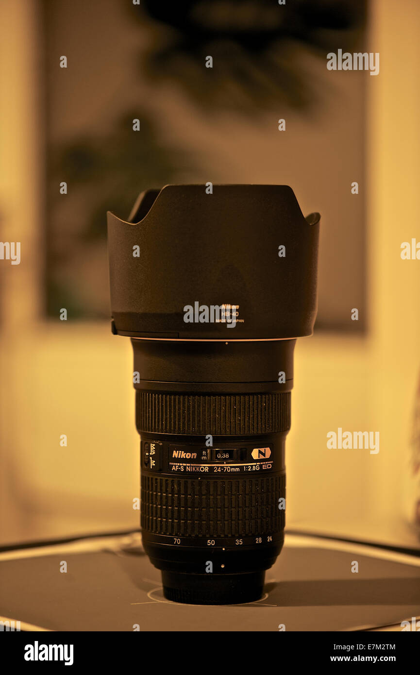 Nikkor 24mm-70mm zoom lens with lens hood Stock Photo