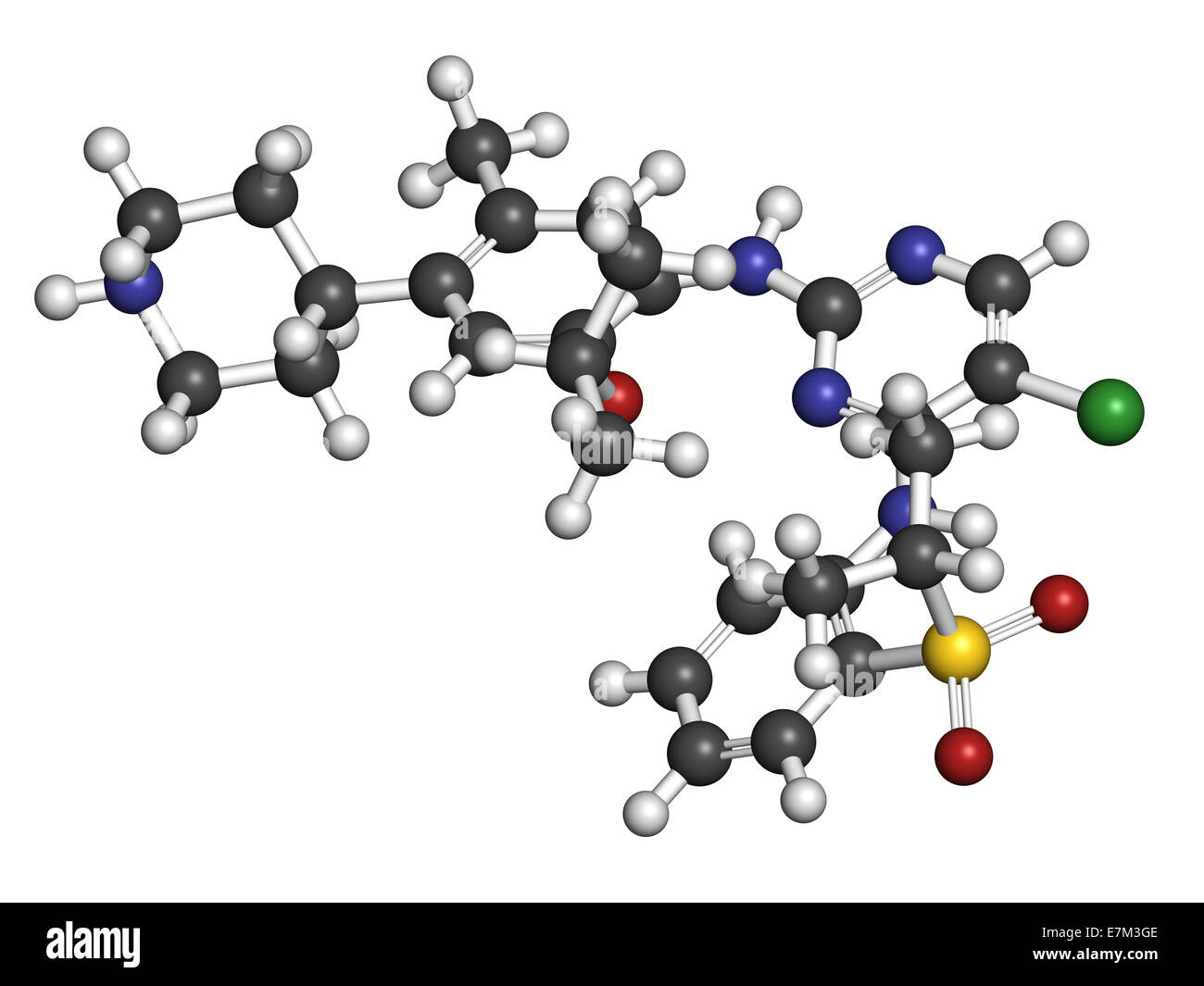Ceritinib cancer drug molecule. ALK inhibitor used in treatment of metastatic non-small cell lung cancer. Atoms are represented  Stock Photo