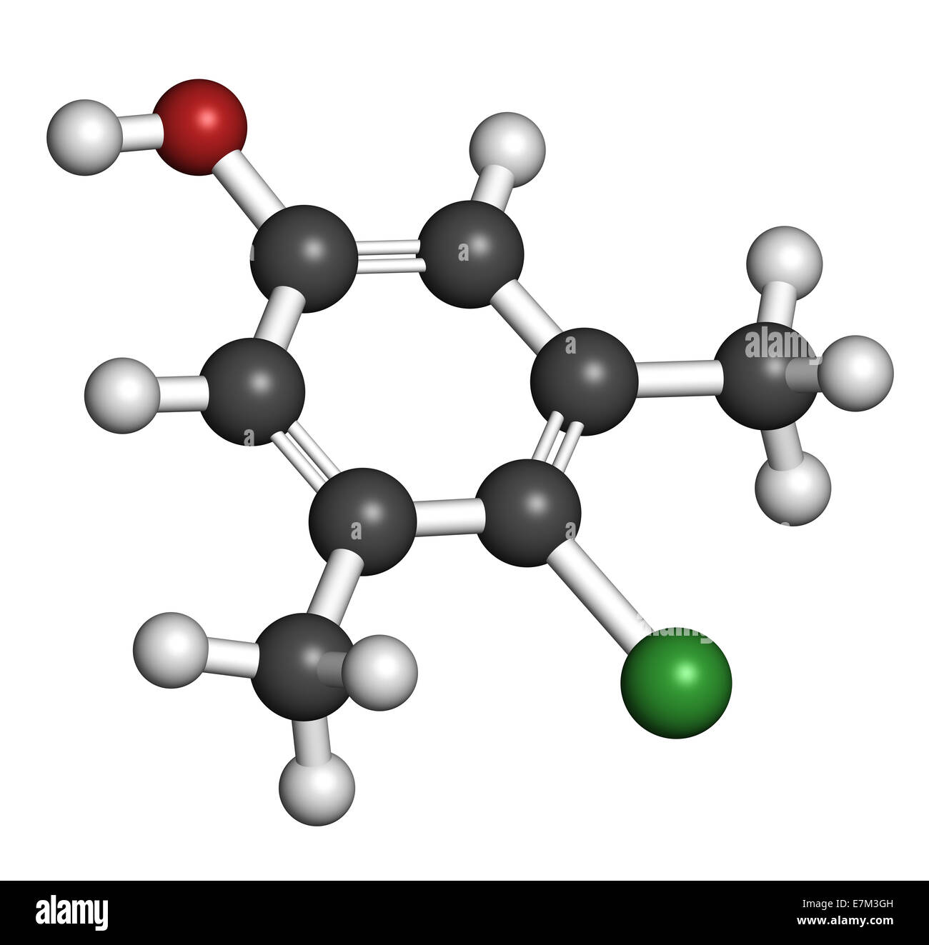 Chloroxylenol antiseptic molecule. Disinfectant used against bacteria, algae, fungi and viruses. Atoms are represented as sphere Stock Photo