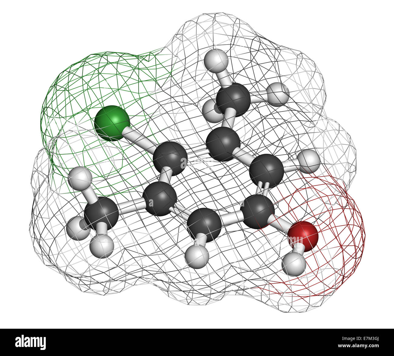 Chloroxylenol antiseptic molecule. Disinfectant used against bacteria, algae, fungi and viruses. Atoms are represented as sphere Stock Photo