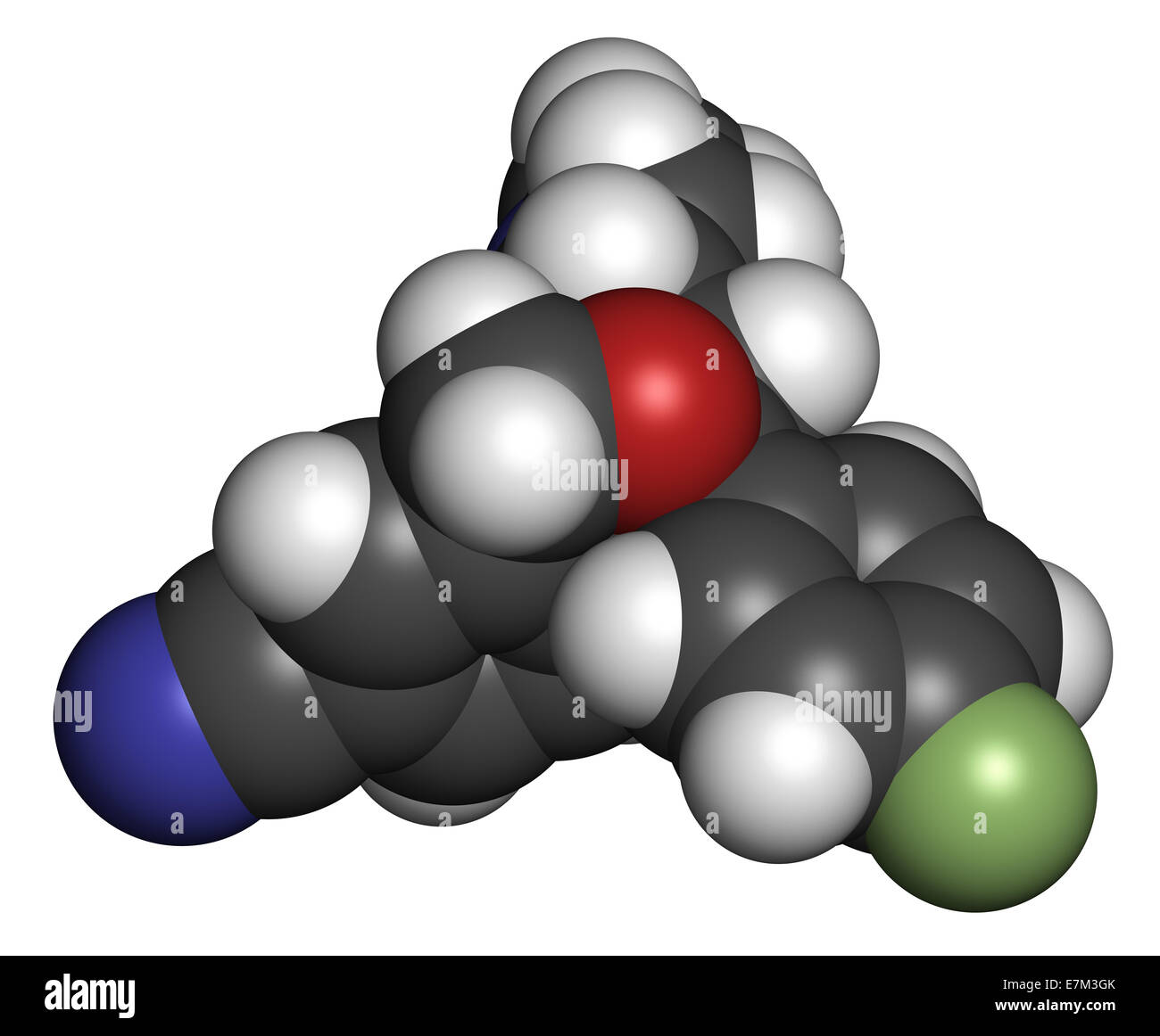 Citalopram anti-depressant drug molecule. Atoms are represented as spheres with conventional color coding: hydrogen (white), car Stock Photo
