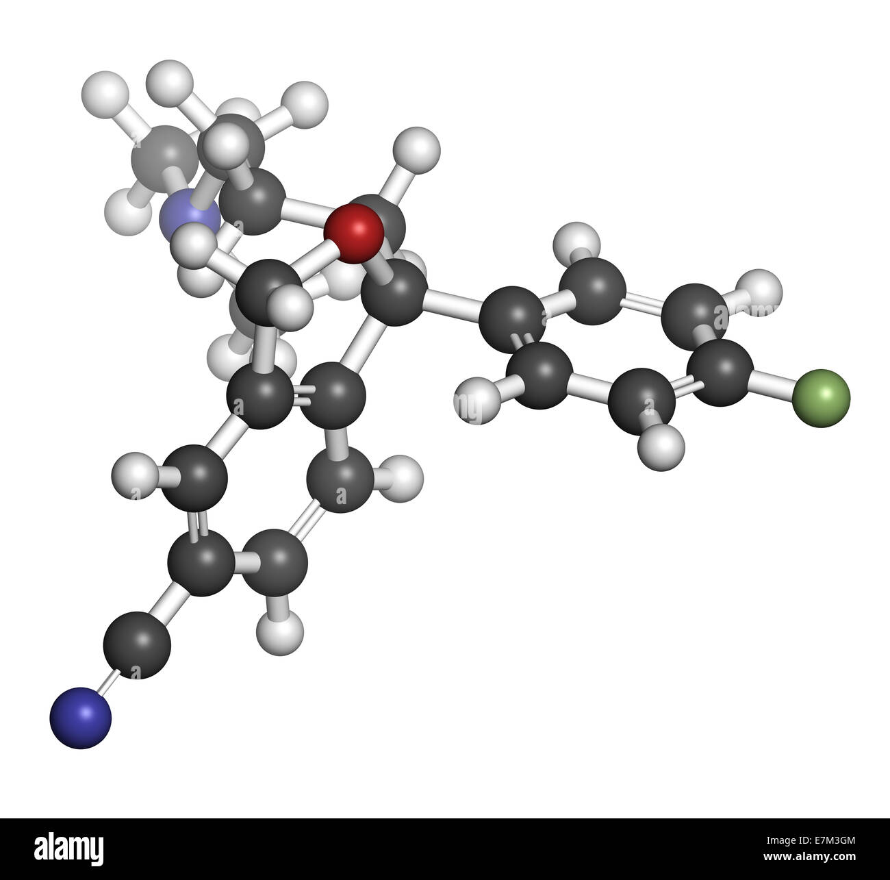 Citalopram anti-depressant drug molecule. Atoms are represented as spheres with conventional color coding: hydrogen (white), car Stock Photo