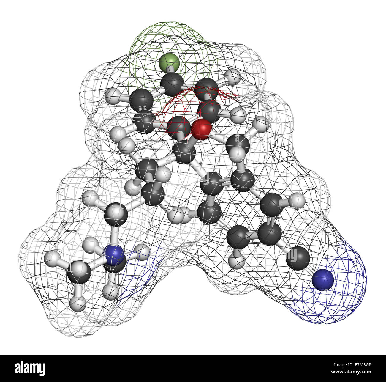 Citalopram anti-depressant drug molecule. Atoms are represented as spheres with conventional color coding: hydrogen (white), car Stock Photo
