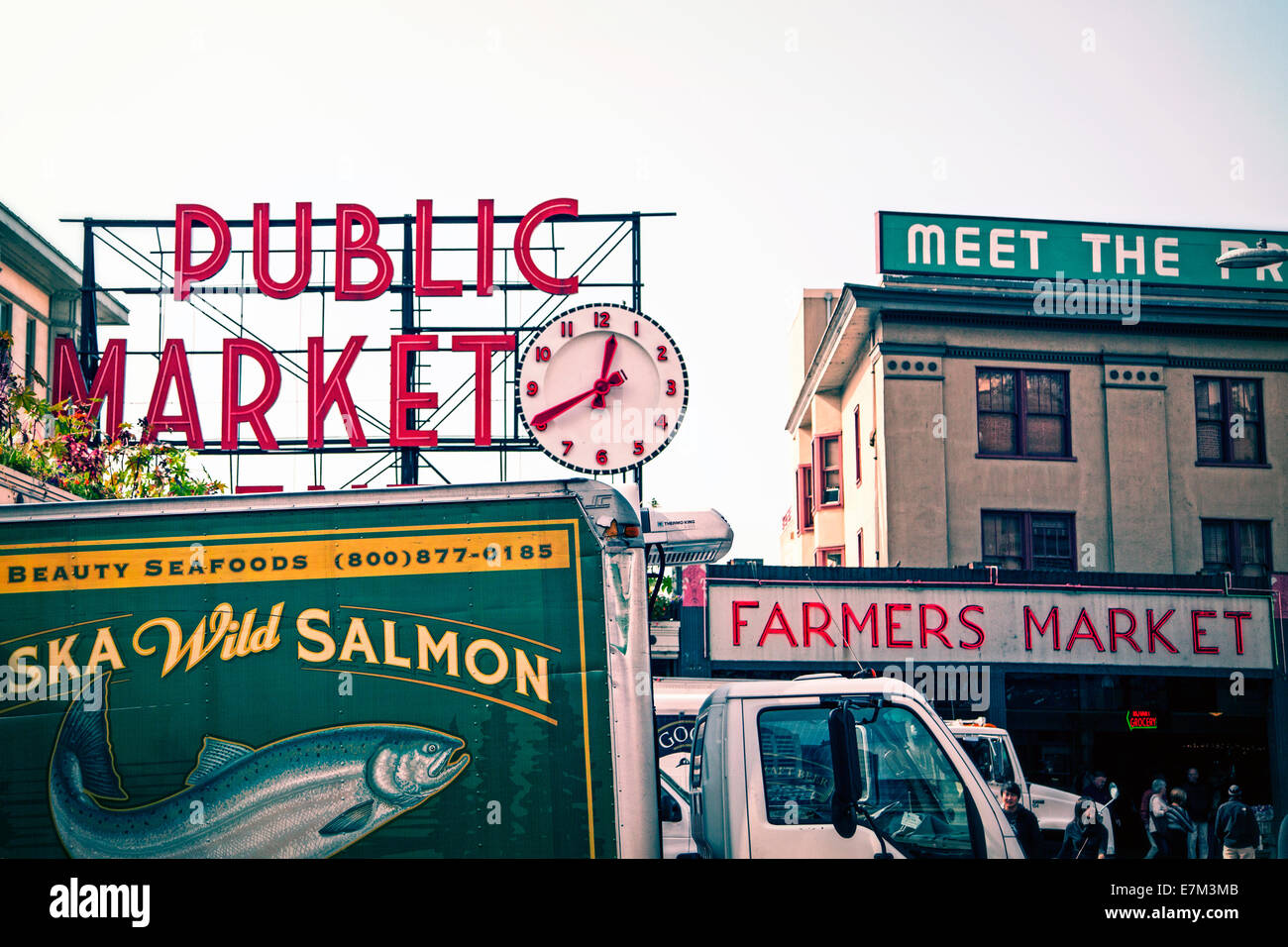 Pikes Place Market with seafood truck in foreground Stock Photo