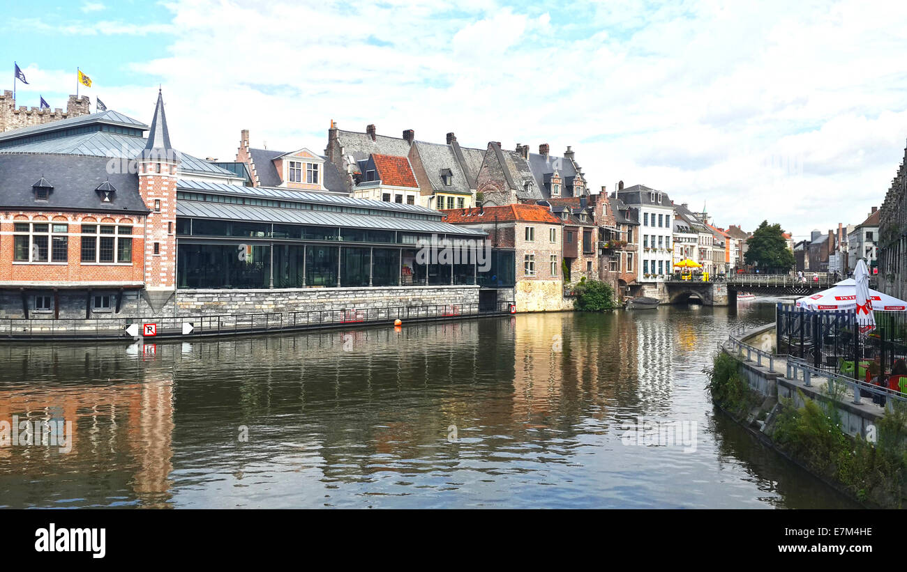 View of the city of Ghent canal and  buildings from the middle ages Stock Photo