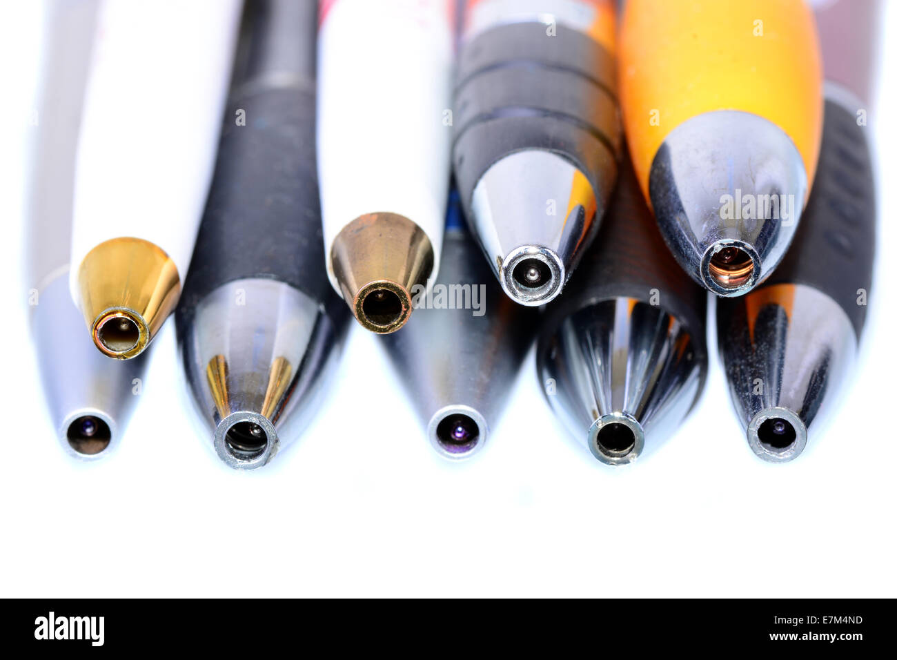 Macro shot of the tip of ballpoint pens isolated on a white background Stock Photo