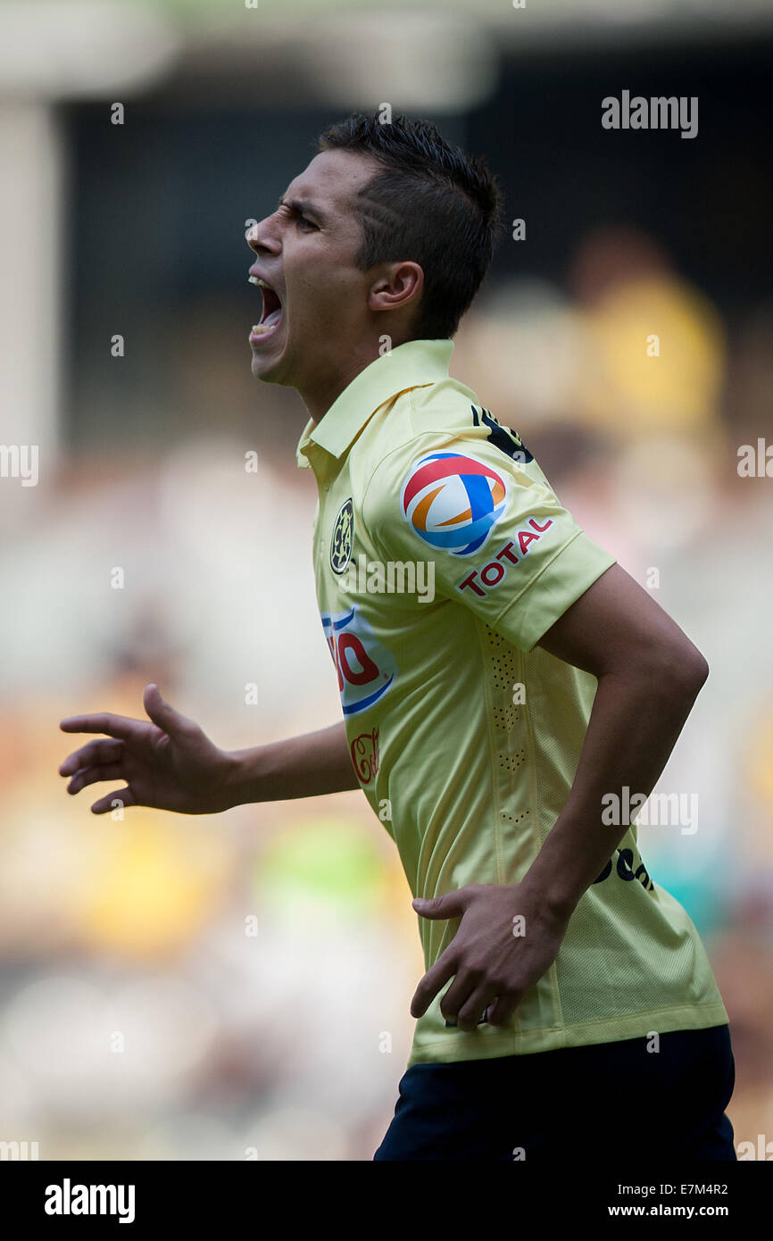 Mexico City, Mexico. 20th Sep, 2014. Paul Aguilar of America reacts during the Liga MX soccer match against Pachuca at the Opening Tournament 2014, held at Azteca Stadium, in Mexico City, Mexico, on Sept. 20, 2014. Credit:  Pedro Mera/Xinhua/Alamy Live News Stock Photo