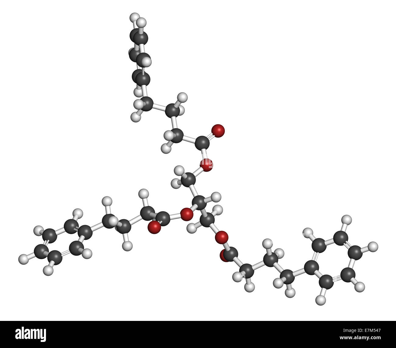 Glycerol phenylbutyrate urea cycle disorder drug molecule. Atoms are represented as spheres with conventional color coding: hydr Stock Photo