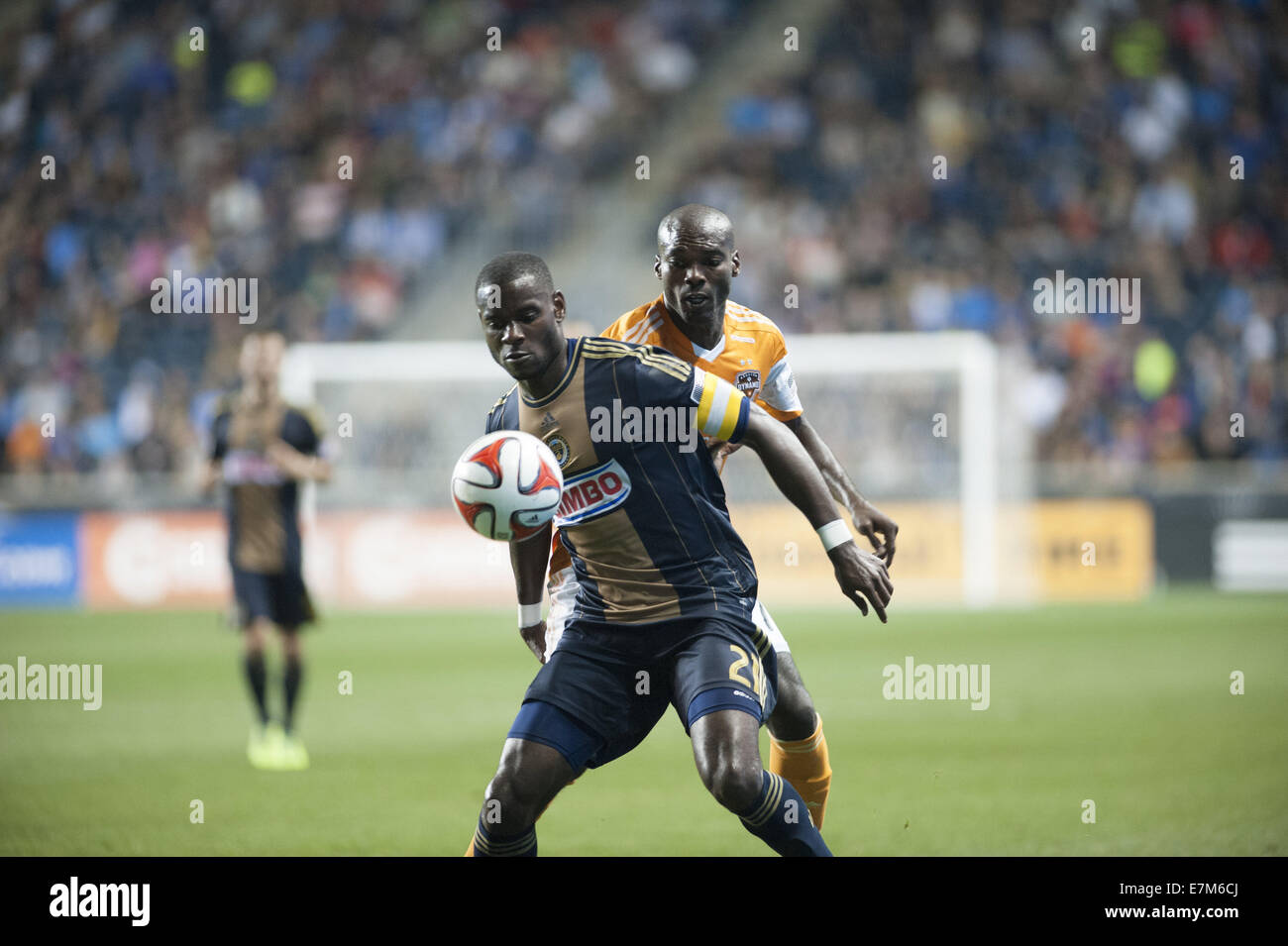 Chester, Pennsylvania, USA. 20th Sep, 2014. Philadelphia Unions' MAURICE EDU (21) fights Houston Dynamo's DAMARCUS BEASLEY (21) as the sides fight to a 0-0 tie at PPL Park in Chester Pa Credit:  Ricky Fitchett/ZUMA Wire/Alamy Live News Stock Photo