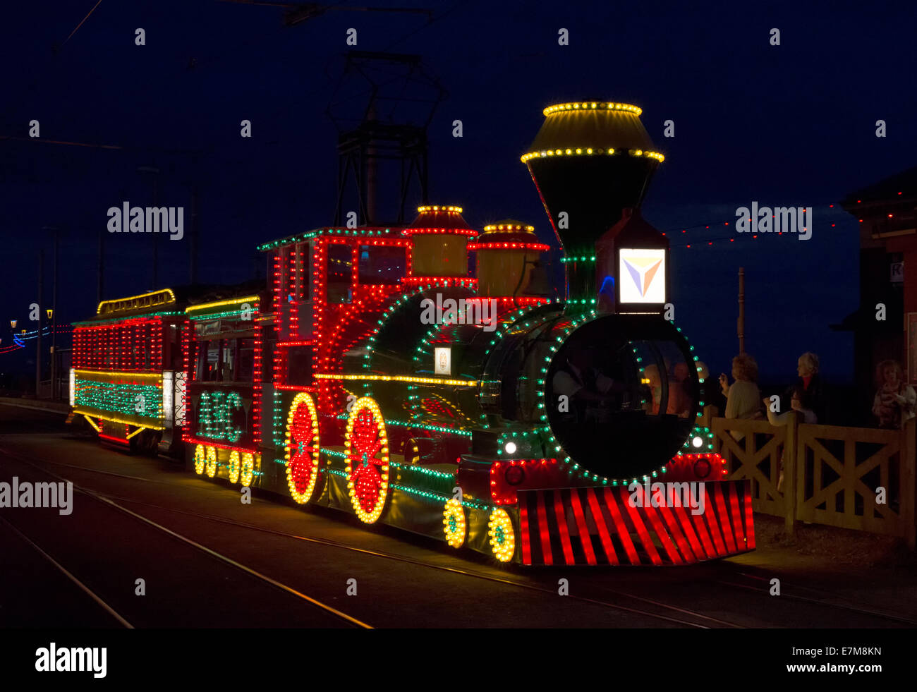 Blackpool Illuminations. The famous illuminated trams, this one in the form of an US Steam Locomotive Stock Photo