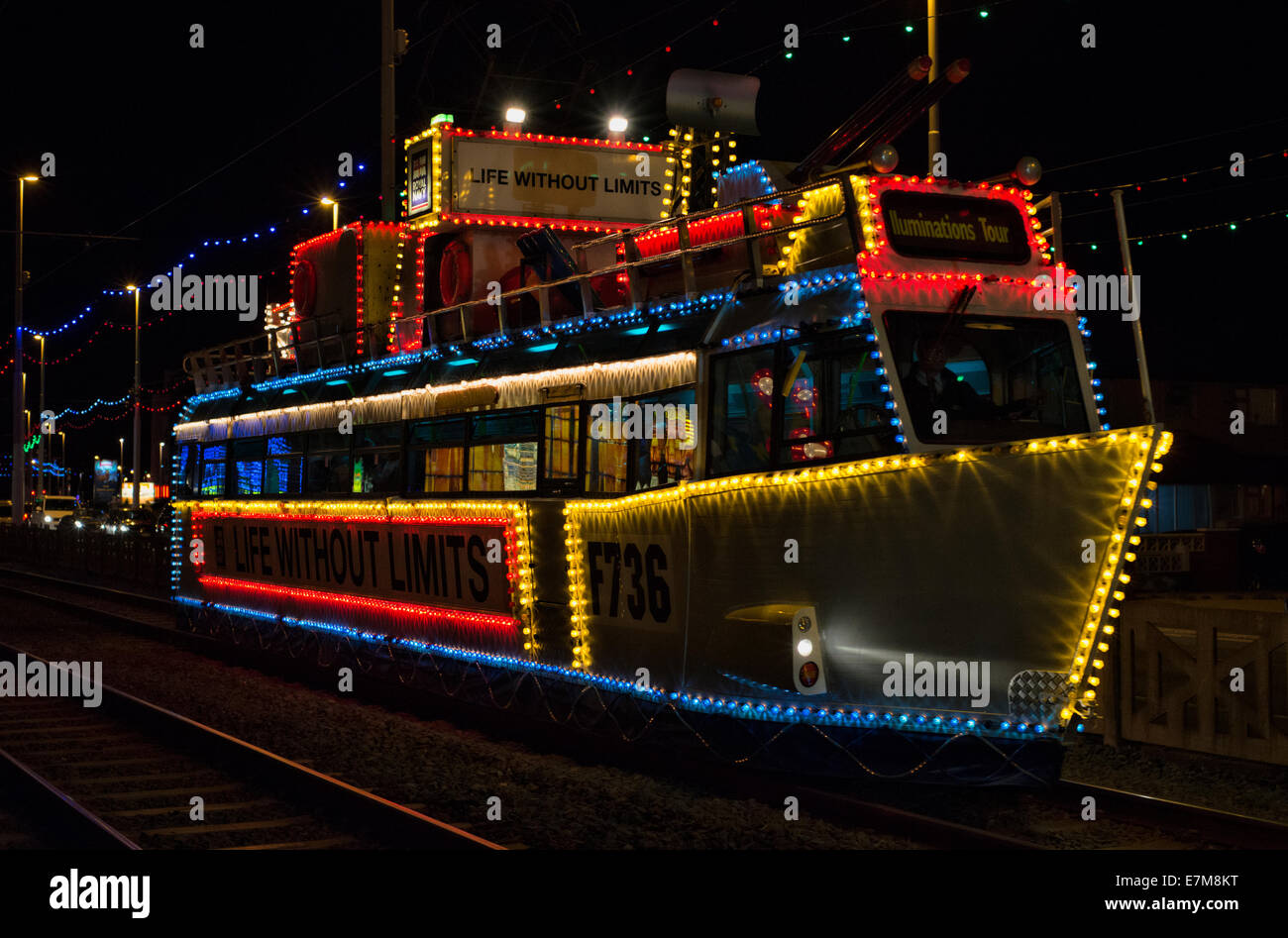 Blackpool Illuminations. The famous illuminated trams, this one in the form of an ocean liner Stock Photo