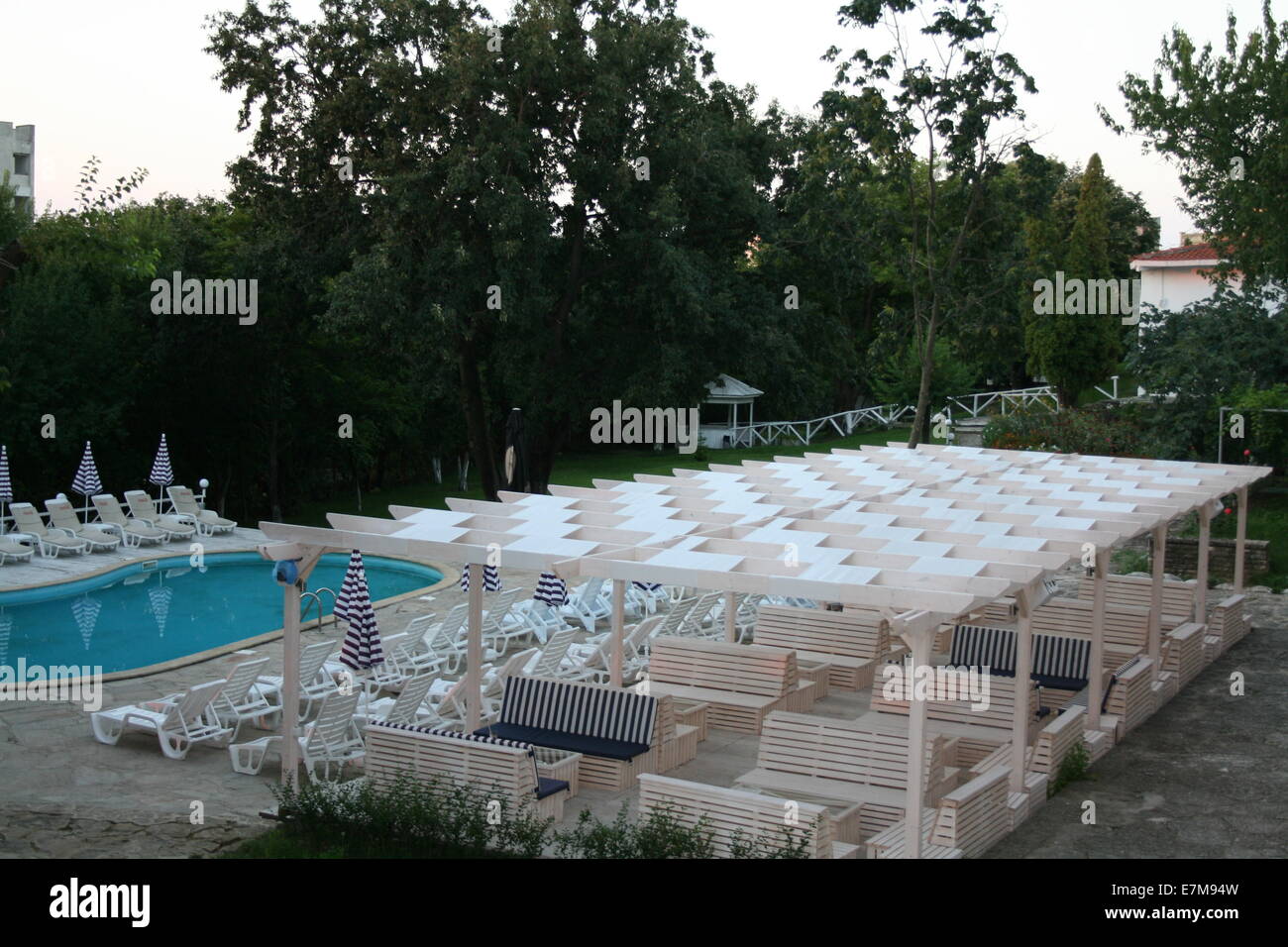 Swimming pool and cafe in the park of hotel Zarya, Golden Sands Resort,  Bulgaria Stock Photo