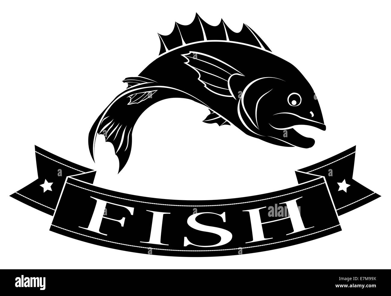 Fish or seafood food or menu label icon of a fish and banner reading fish Stock Photo