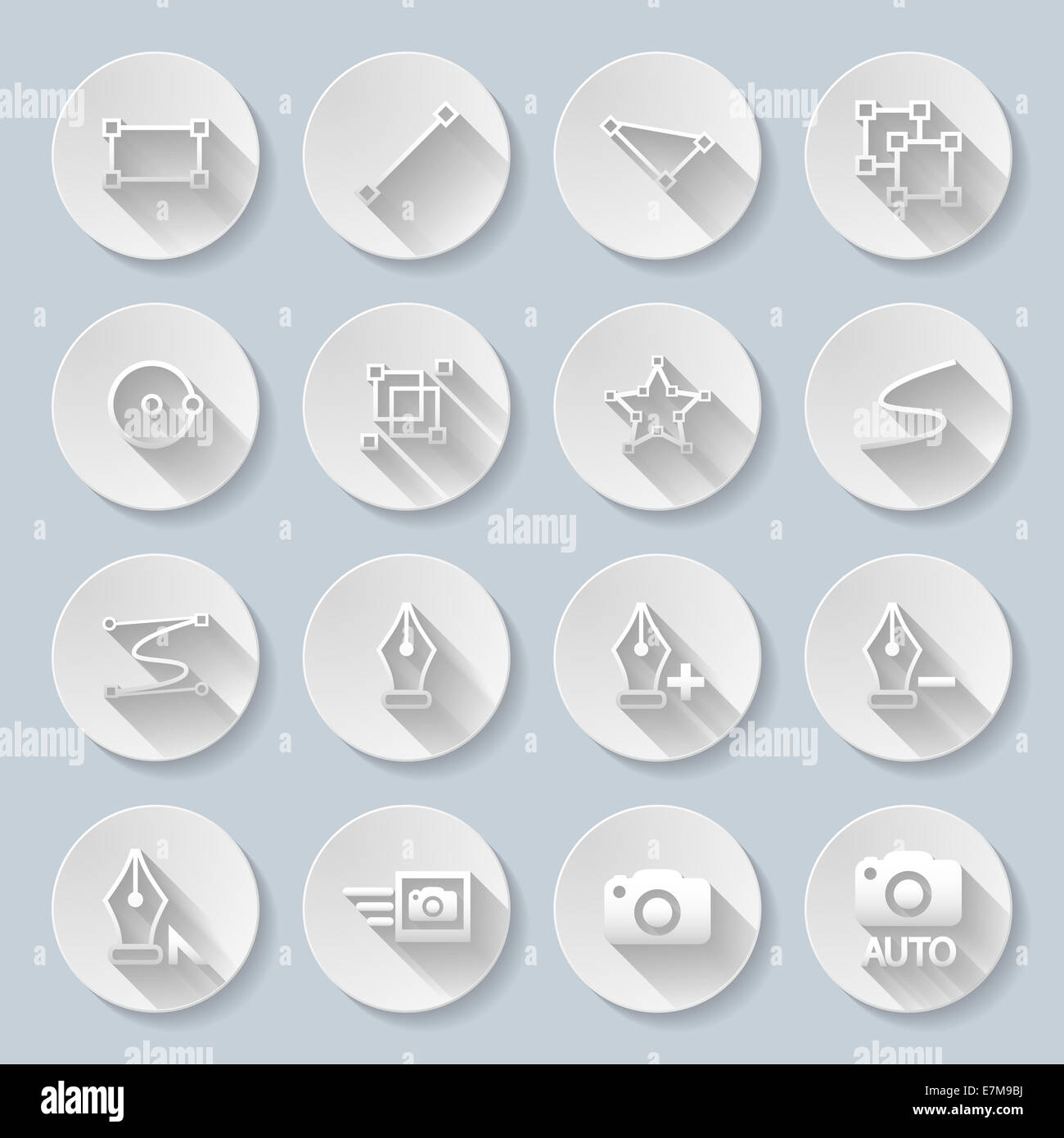 Set of flat round icons with draw functions on the gray background ...