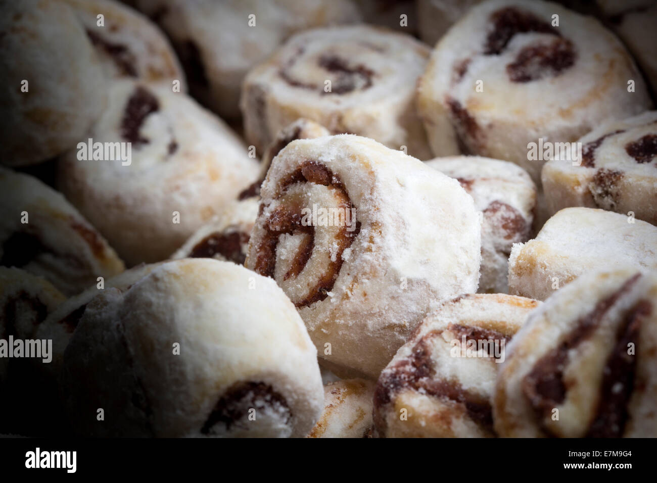 Close up of some tasty baked rolls with jam Stock Photo