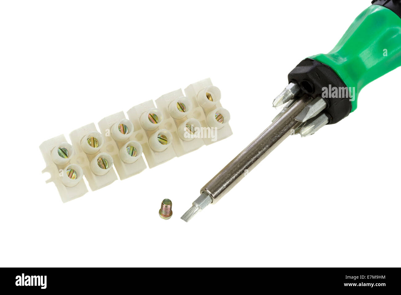 Universal screwdriver with electrical connection on white background