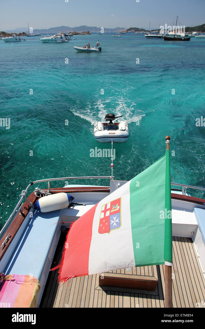 maritime Italian flag on tour cruise boat in La Maddelena Archipelago Sardinia Italy Stock Photo