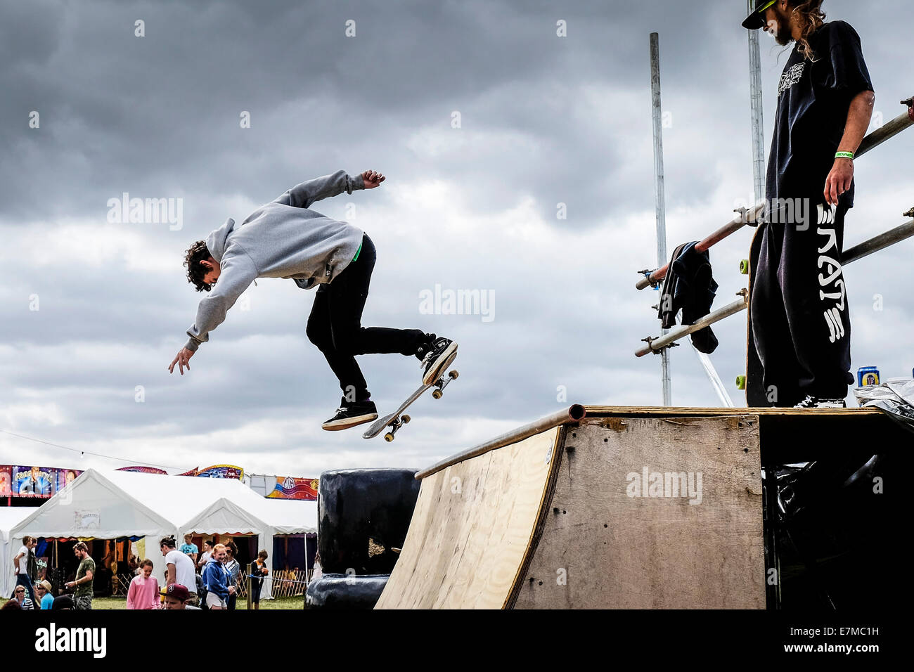 Skateboarders at the Brownstock Festival in Essex. Stock Photo