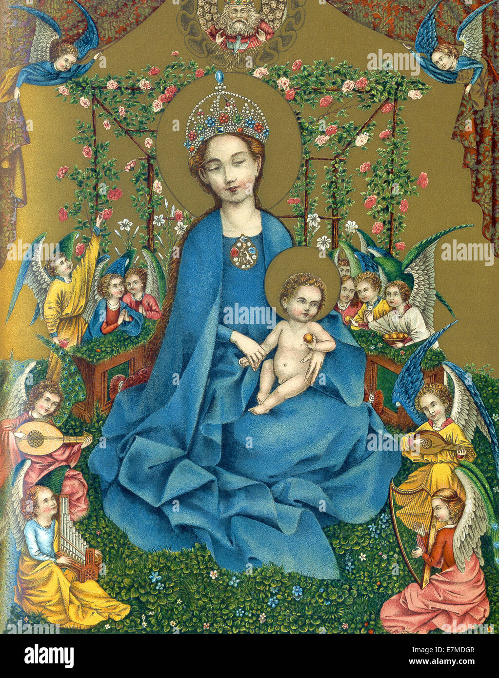 Here is a painting titled Madonna in the Rose Bower. It dates to about 1448. The Madonna is the Virgin Mary. Stock Photo