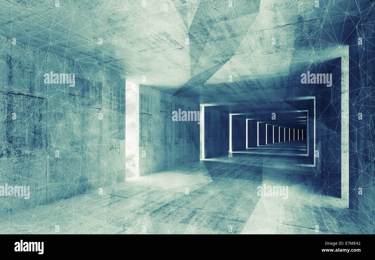 3d render, green blue toned abstract empty concrete interior background Stock Photo