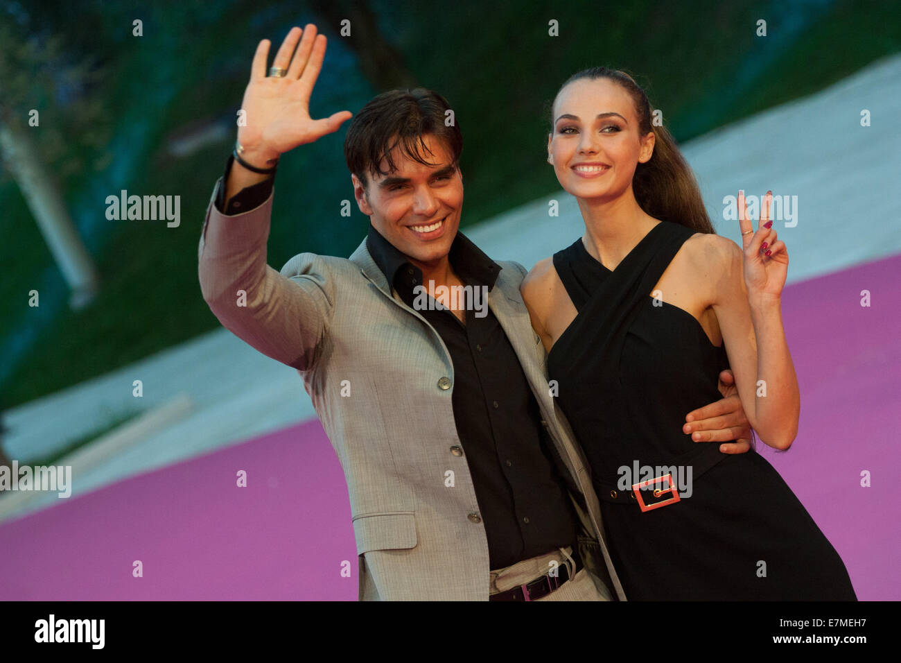 Massimiliano Morra and Adua del Vesco on the Pink carpet. Final evening of Romafictionfest 2014. The 8th edition of the annual festival was held at Auditorium Parco Della Musica. Stock Photo